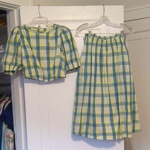 Plaid Picnic Matching Set Top And Skirt Yellow Green Blue Small Barbeque